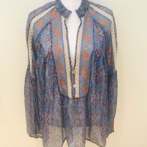 Free People sheer boho embroidered peasant blouse